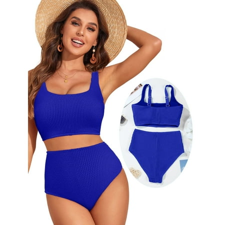 Eytino Womens Swimsuits Bikini Set Biknis for Women High Waisted Bathing Suits Color Block Scrunch Square Neck Two Piece Swimsuits Swimwear Dark Blue XL
