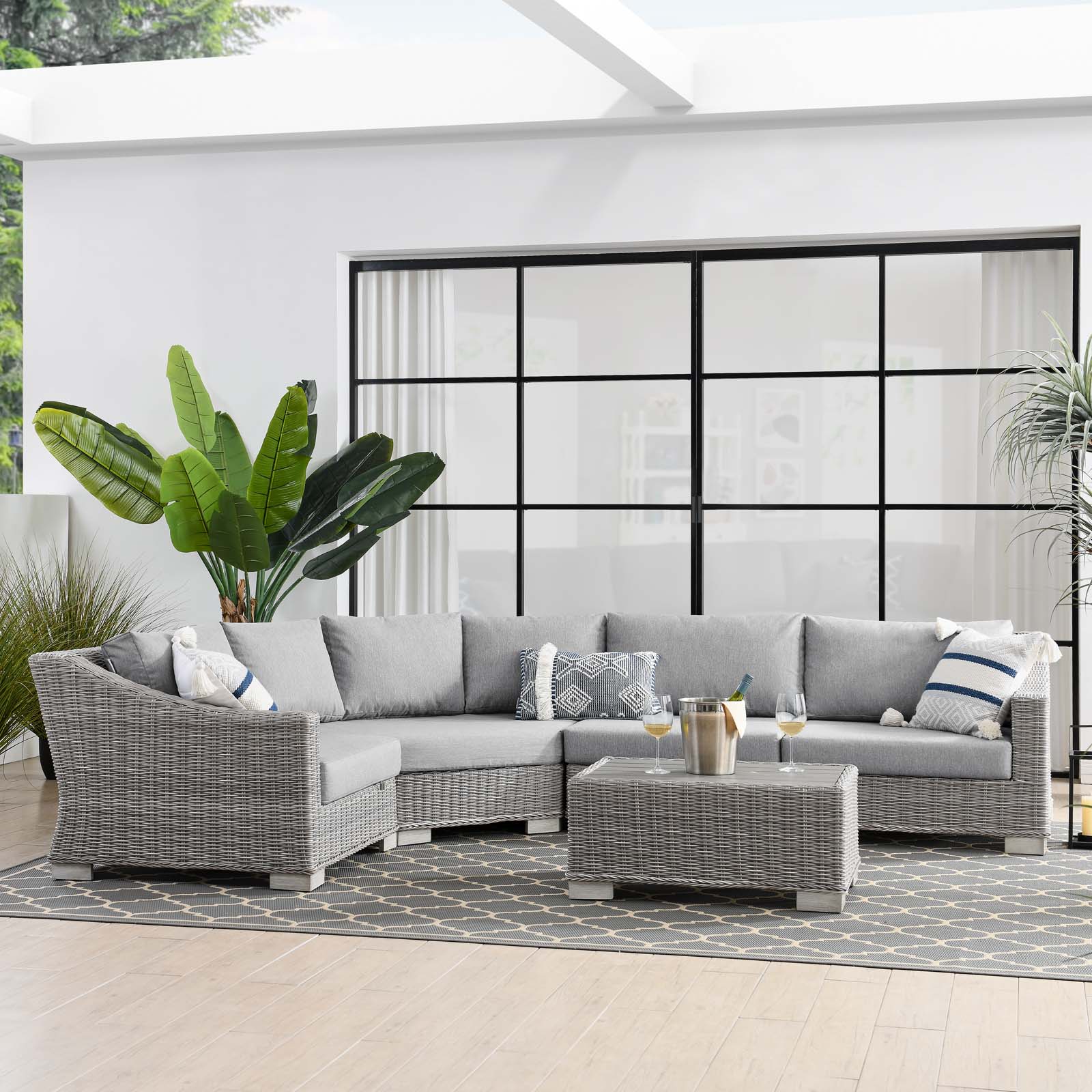 Lounge Sectional Sofa Chair Table Set, Rattan, Wicker, Grey Gray, Modern Contemporary Urban Design, Outdoor Patio Balcony Cafe Bistro Garden Furniture Hotel Hospitality - image 2 of 10