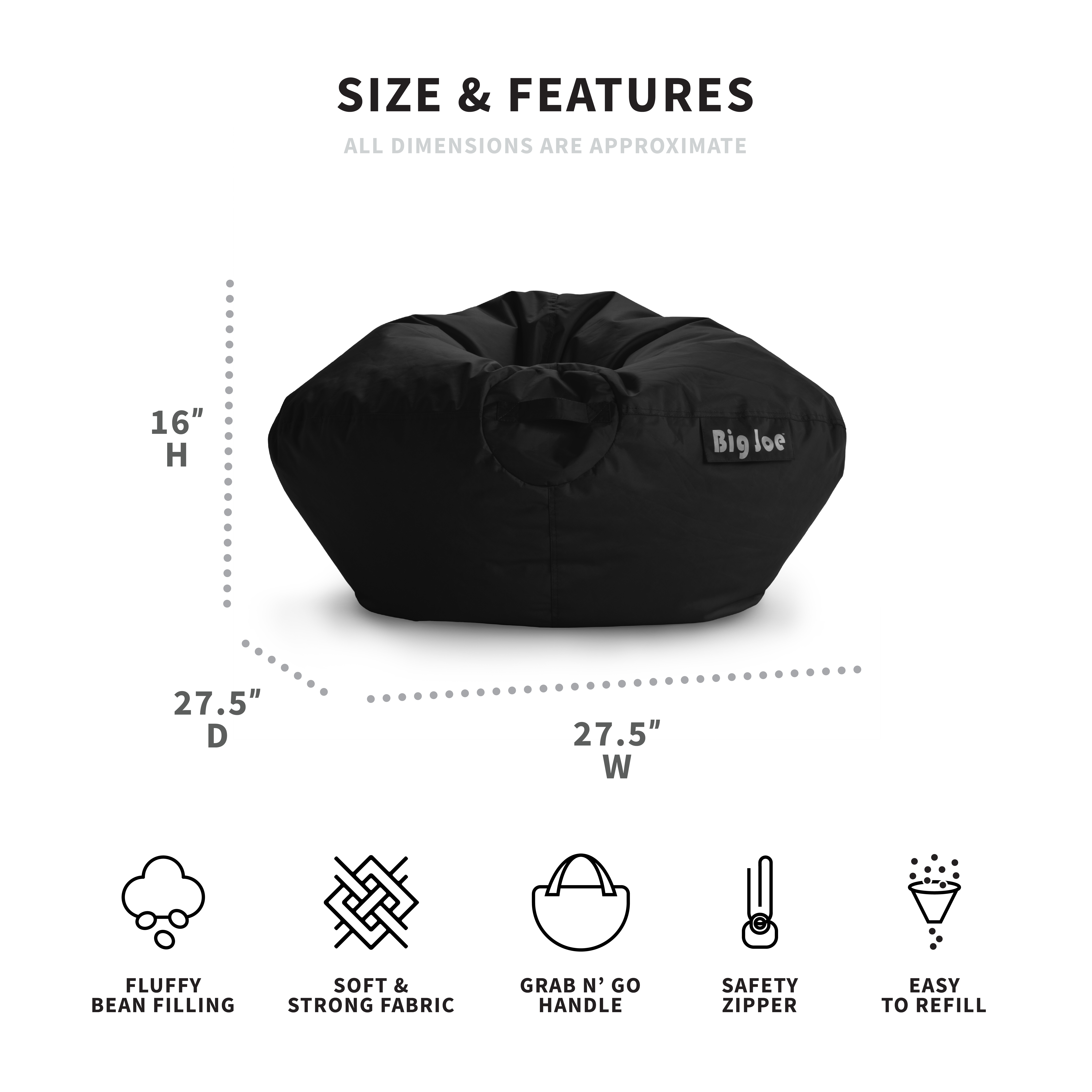 Big Joe Classic Bean Bag Chair, Black Smartmax, Durable Polyester Nylon Blend, 2 feet Round - image 2 of 6