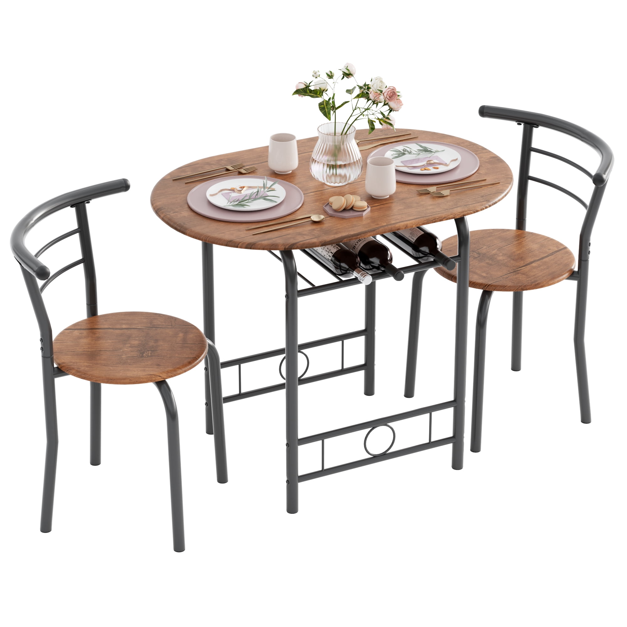 Vineego 3 Pieces Dining Set for 2 Small Kitchen Breakfast Table Set Space Saving Wooden Chairs and Table Set,Dark Brown