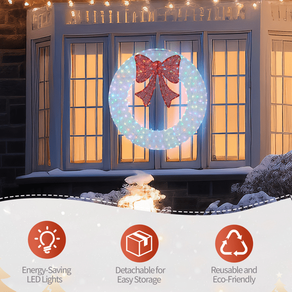Alvantor 36-Inch Metal Christmas Wreath with 165 LED Lights, Red Bow, Remote and Timer, White