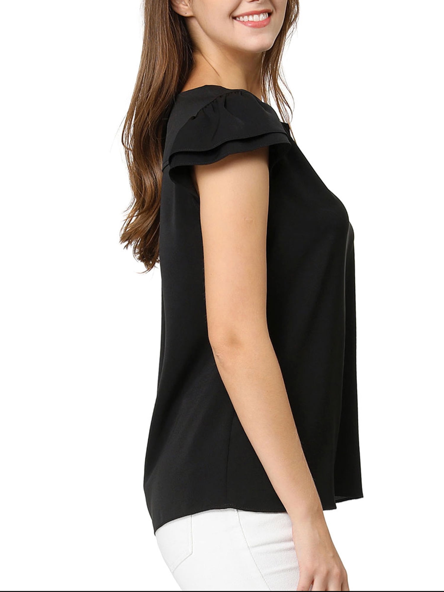 DARING DIVA Women's V Neck Casual Solid Cap Blouse Top XL Black