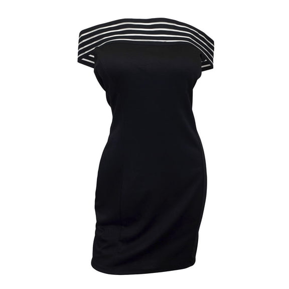 Plus size Sheer Stripe Off Shoulder Dress Black