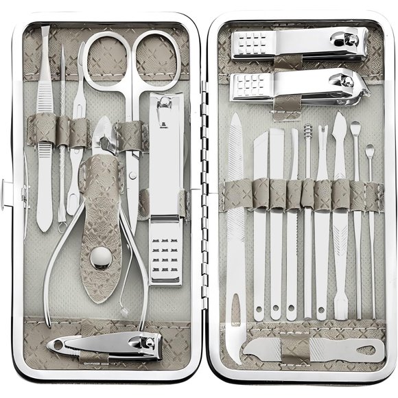 shiyou-Manicure Set - 19 in 1 Professional Nail Clippers Pedicure Kit, Manicure Tool Kit, Stainless Steel Facial Grooming Set Kit, Gift Idea for Women, Men, Girls, Teens, Grey
