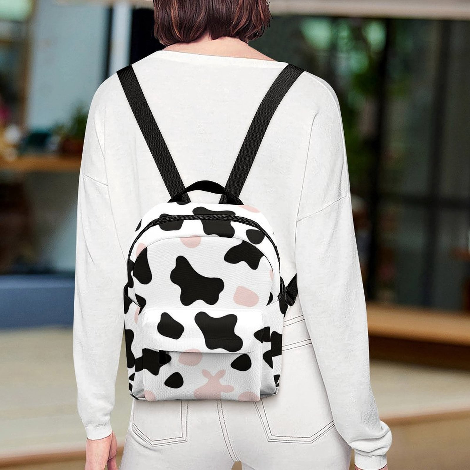 8.1×10in Casual Women'S Backpack With Anti-Contraction And Stretch For Sports Activities Travel Picnics Simple Cow Print Pattern White Background, Pink And White_3