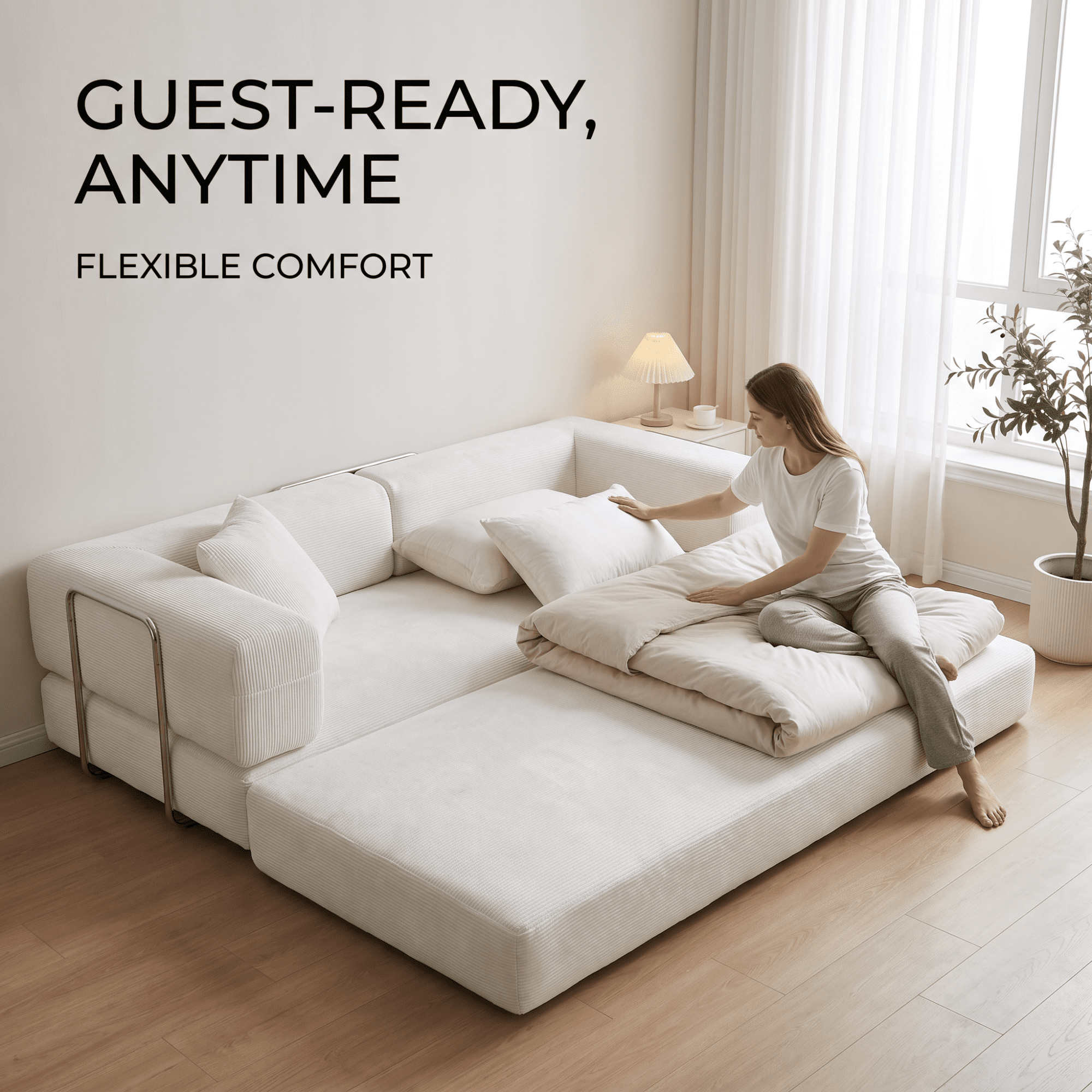 HOQBN Double Sofa Bed, Multifunctional Compression Sofa, Wide Body Pure Spine Sofa, Fine Striped Corduroy Fabric Sofa for Living Room Ancient White