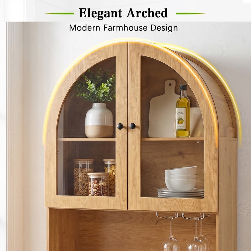 Farmhouse Arched Kitchen Storage Pantry with Charging Station on Open Countertop, Coffee Bar Cabinet with Adjustable Shelf