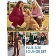 thumbnail image 4 of SHOWMALL Plus Size Pajamas for Women, 2 Piece Pajama Set, Cozy Ribbed Fleece Long Sleeve Henley Top & Wide Leg Lounge Pants, Warm Holiday Loungewear, Burgundy, 4 of 10