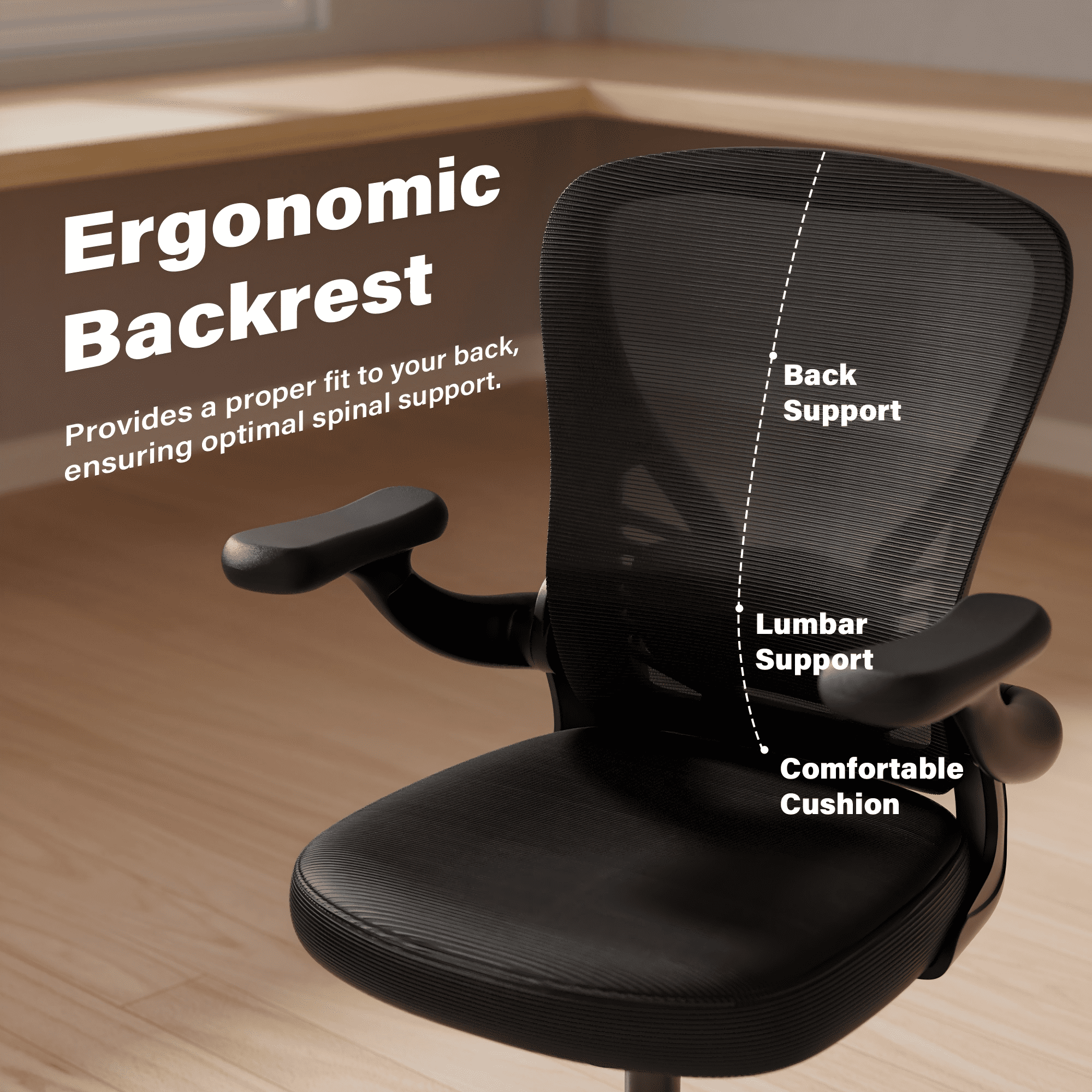 HomeZeer Mesh Middle Back Home Office Desk Chair with Caster and Flip-up Arms, Black