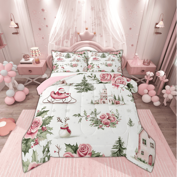 Manfei Santa Claus Christmas Bedding Comforter Set for Child, Pink Rose Flower Twin Comforter Sets, Princess Castle Reversible Bedding Set, Breathable Home Decor, 2pcs