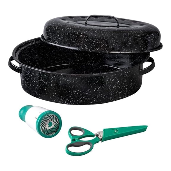 4-Piece 18-in Roasting Set w/Lid, Enameled Steel, Speckled Black
