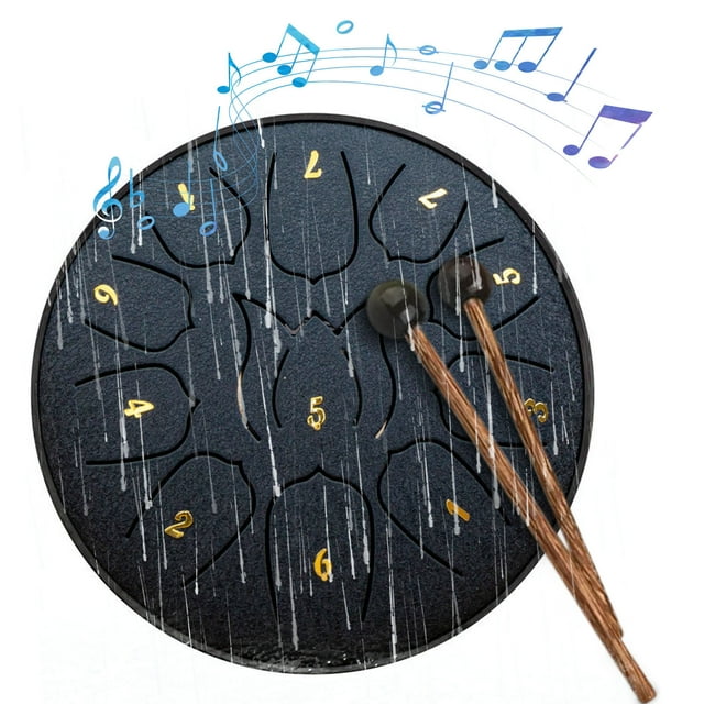 Fiudx Tambor de Mano de 6 Pulgadas, Ritmos de 11 Tonos, Construcción de Acero Al Carbono, Ligero y Portátil, Incluye Baquetas y Partitura, Versátil para Tocar En Solitario o En Grupo, Tamaño de 6.49
