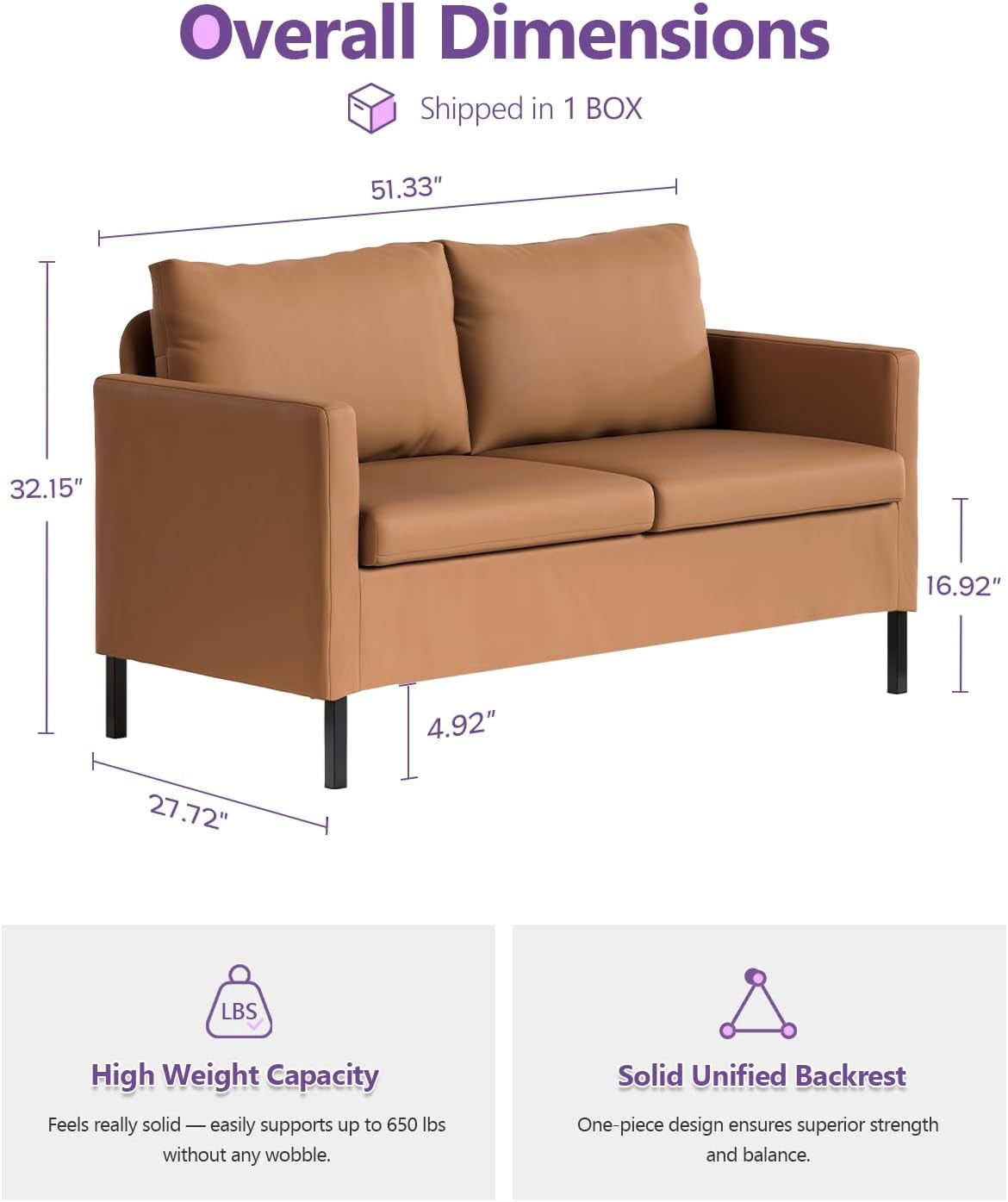 LAZZO 51" Modern Loveseat Sofa, 2-Seater Linen Fabric Couch for Bedroom & Office, Brown