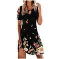 thumbnail image 1 of Pompotops Robe Courte Unie Ample à Manches Courtes en Coton et Lin à Col Rond pour Femme, 1 of 6