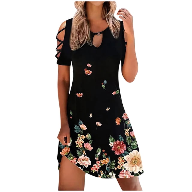 Pompotops Robe Courte Unie Ample à Manches Courtes en Coton et Lin à Col Rond pour Femme