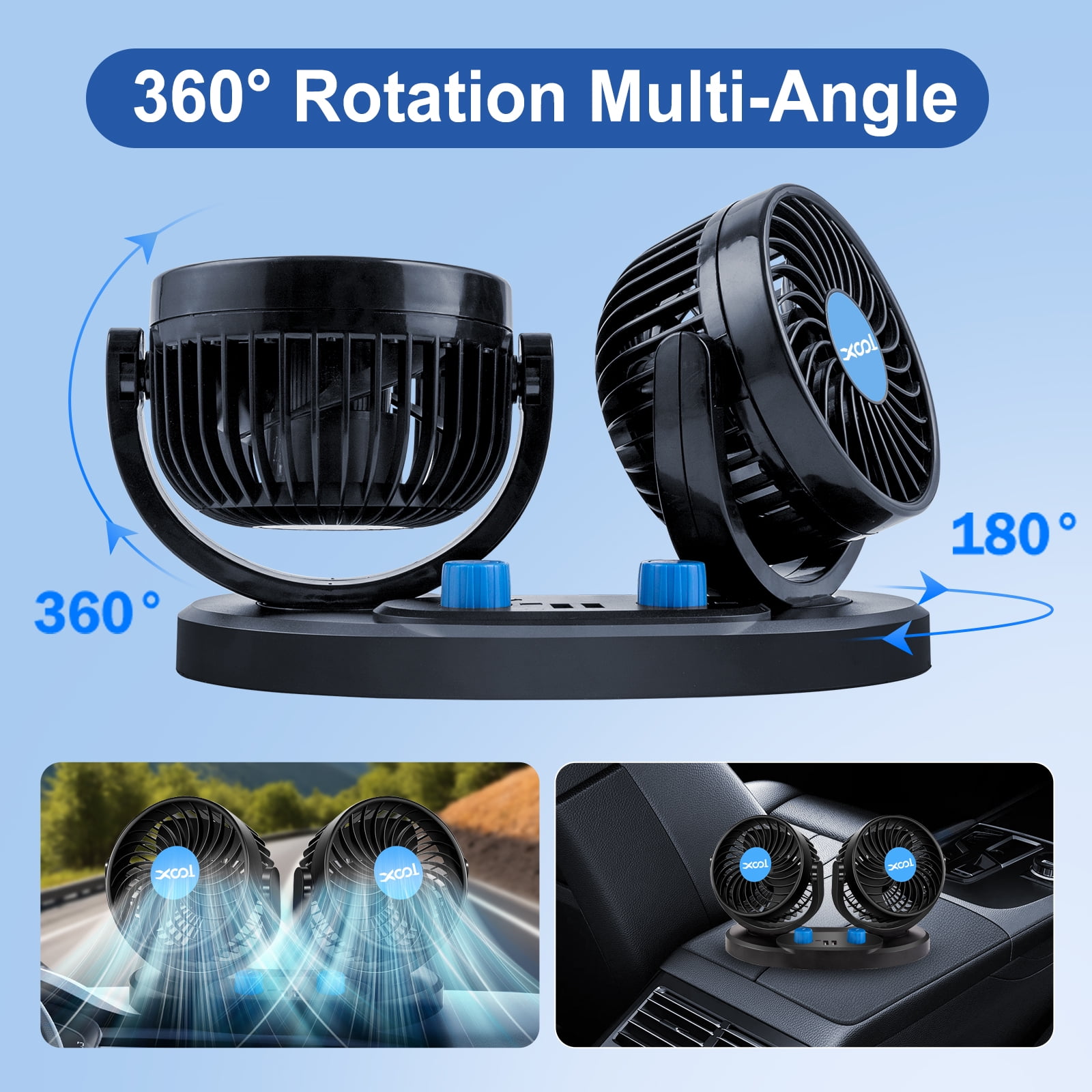 Car Fan, Electric Car Fan for Dashboard, 2 Speeds Portable 360 Degree 12V Car Cooling Fan for SUV, RV, Vehicle (2 USB Charging Ports)