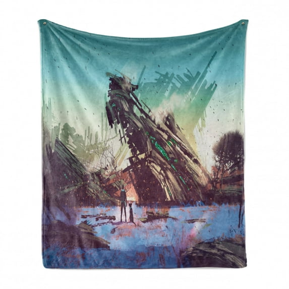 Fantasy World Soft Flannel Fleece Blanket, Man and Dog Looking at Crashed Spaceship Imagination Futuristic Illustration, Cozy Plush for Indoor and Outdoor Use, 70" x 90", Blue Green, by Ambesonne