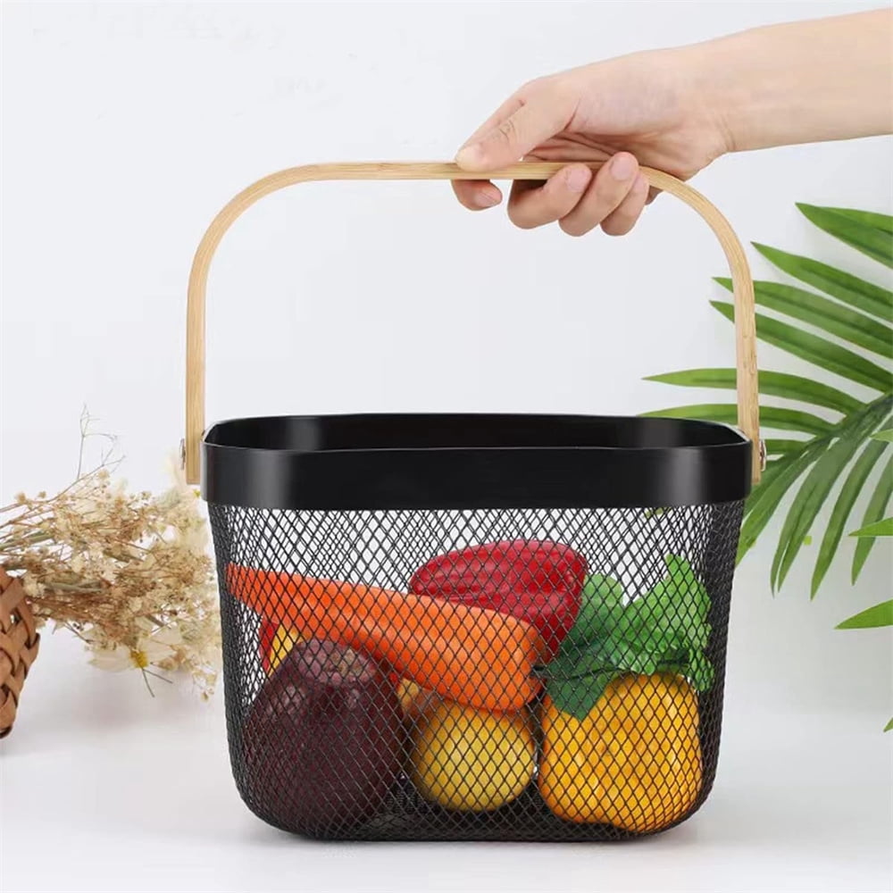 NOGIS Metal Mesh Steel Basket mesh basket with handle，Storage Organizer Basket Fruit Vegetable Basket, Solutions for Kitchen, Garden ,Picnic,Gifts and More (Black)