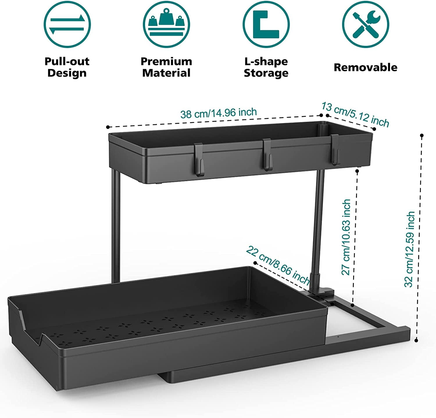 2-Tier Under Sink Organizers, 2 Pack Sliding L-shape Cabinet Organizers Narrow Space Storage Multi-purpose Sink Organizer for Bathroom Kitchen Drawer(Black 2 )