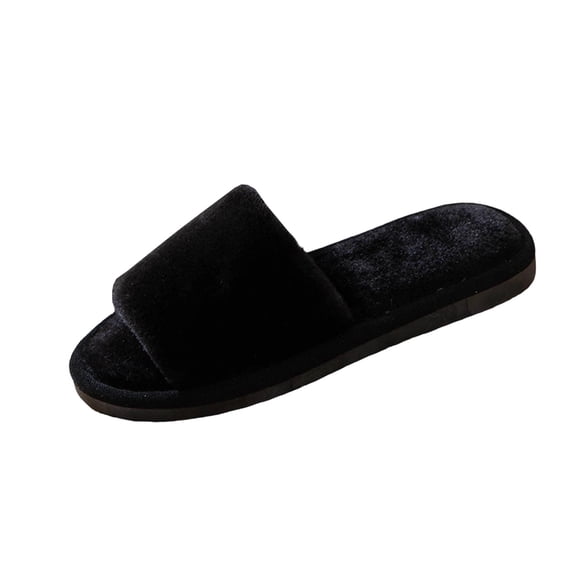 Black Women'S Plush Flat Slippers Single Wide Strap Design Open-Toe Style Thick Sole For Warmth Ideal For Indoor Wear Black 9.06 In