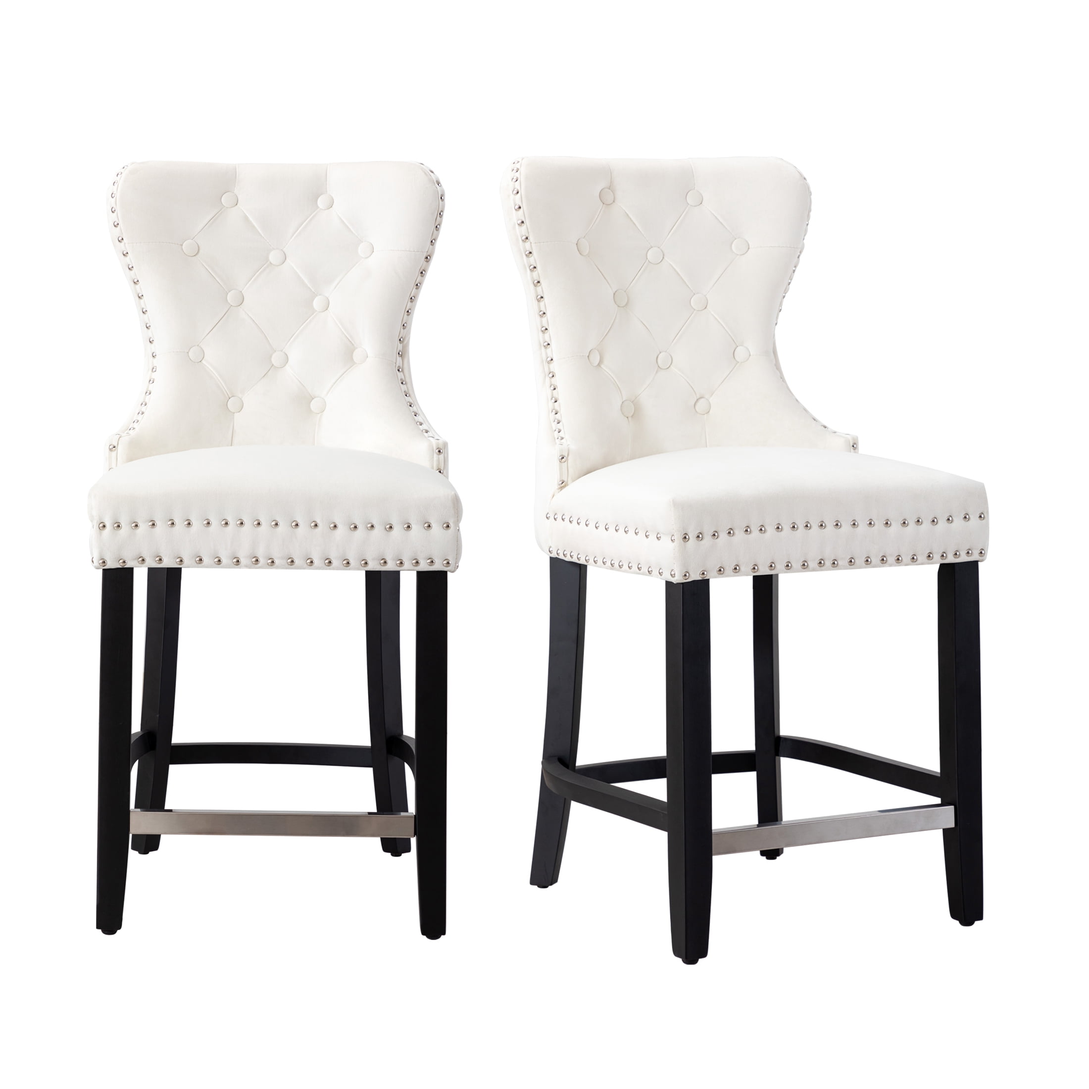 Westin Outdoor 24" Tufted Velvet Bar Stool (Set of 2), Black/Velvet Cream