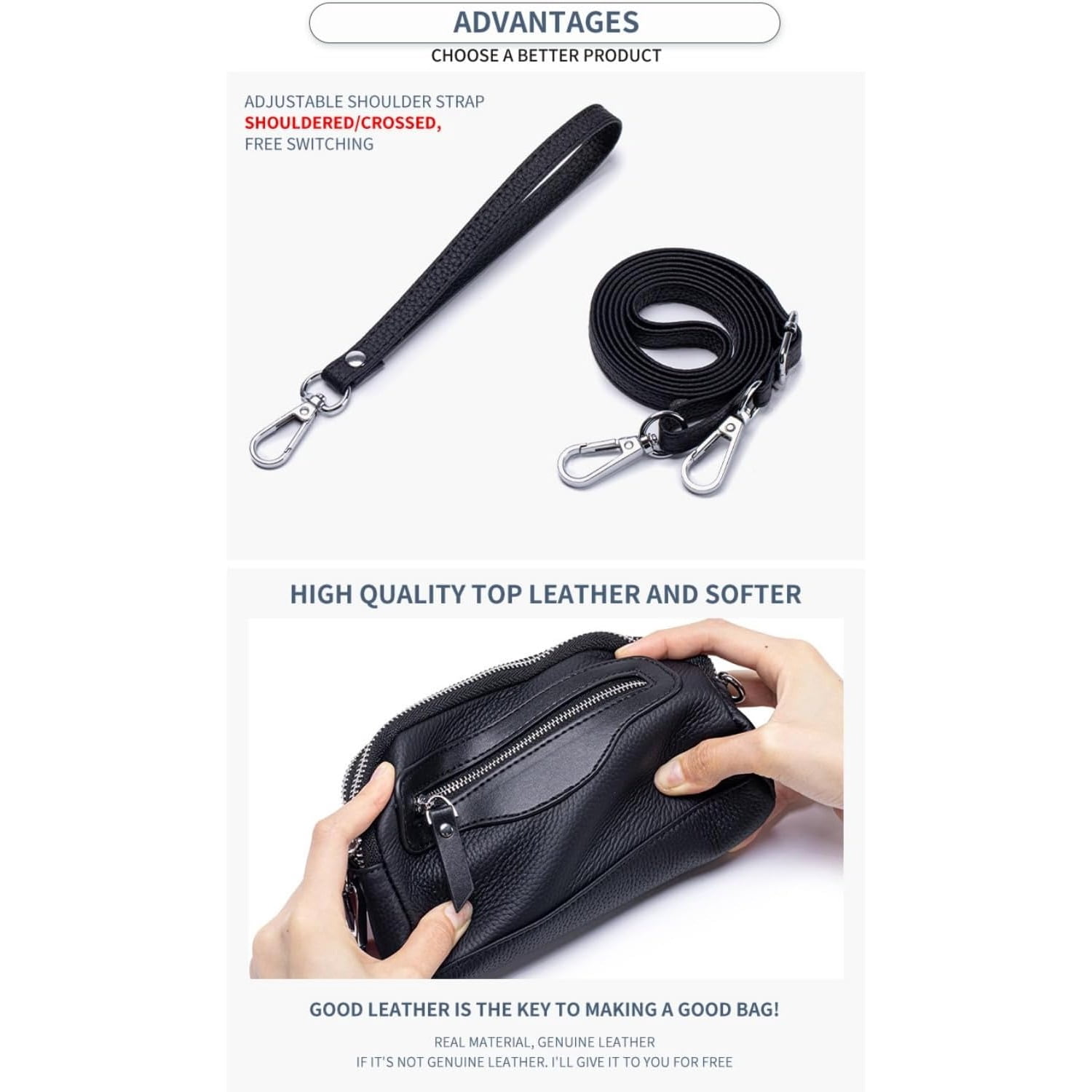 Wristlet Wallet for Unisex Genuine Small Crossbody Women Bags Double Zipper Pocket Cell Phone Pounch