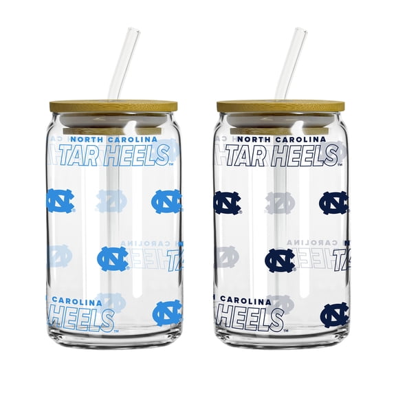 Logo Brands North Carolina Tar Heels 16oz. Step And Repeat Glass Can with Lid & Straw 2-Pack