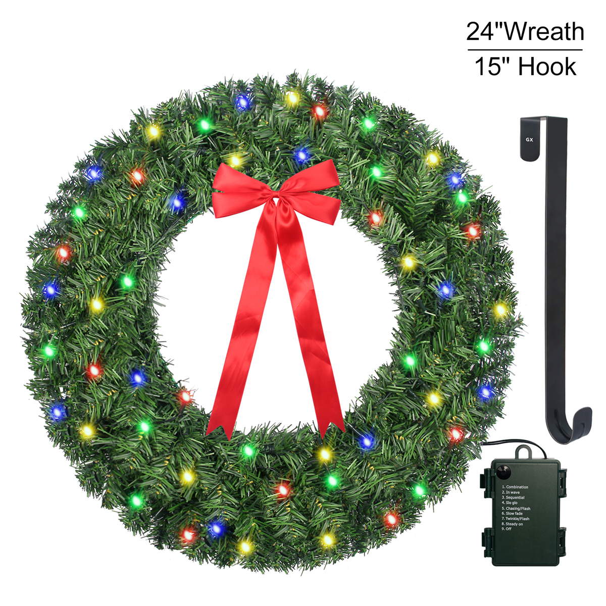 Christmas Wreath with LED String Lights - Artificial Door Wreath - Prelit DIY Xmas Pine Garland 