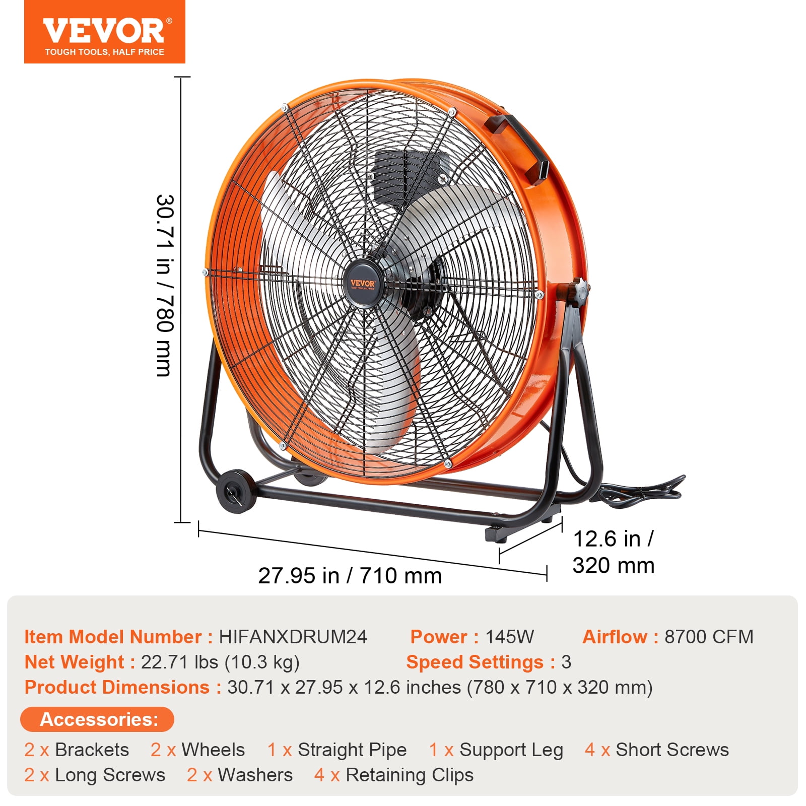 VEVOR Drum Fan, 24 Inch High Velocity Industrial Shop Fan, Heavy Duty Commercial Use 3-Speed 8600CFM, 360°Adjustable Tilting,0-2h Timer Industrial Floor Fan for Warehouse,Workshop,Factory, Basement