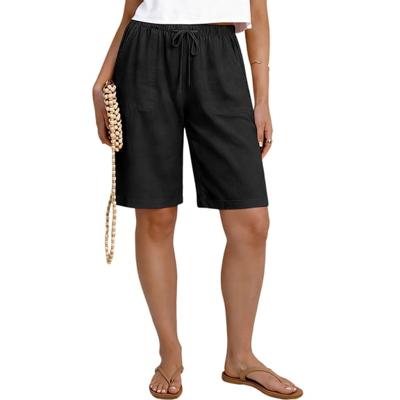 Kvture Bermuda Shorts for Women Knee Length Elastic High Waisted Shorts Summer Casual Wide Leg Baggy Shorts L