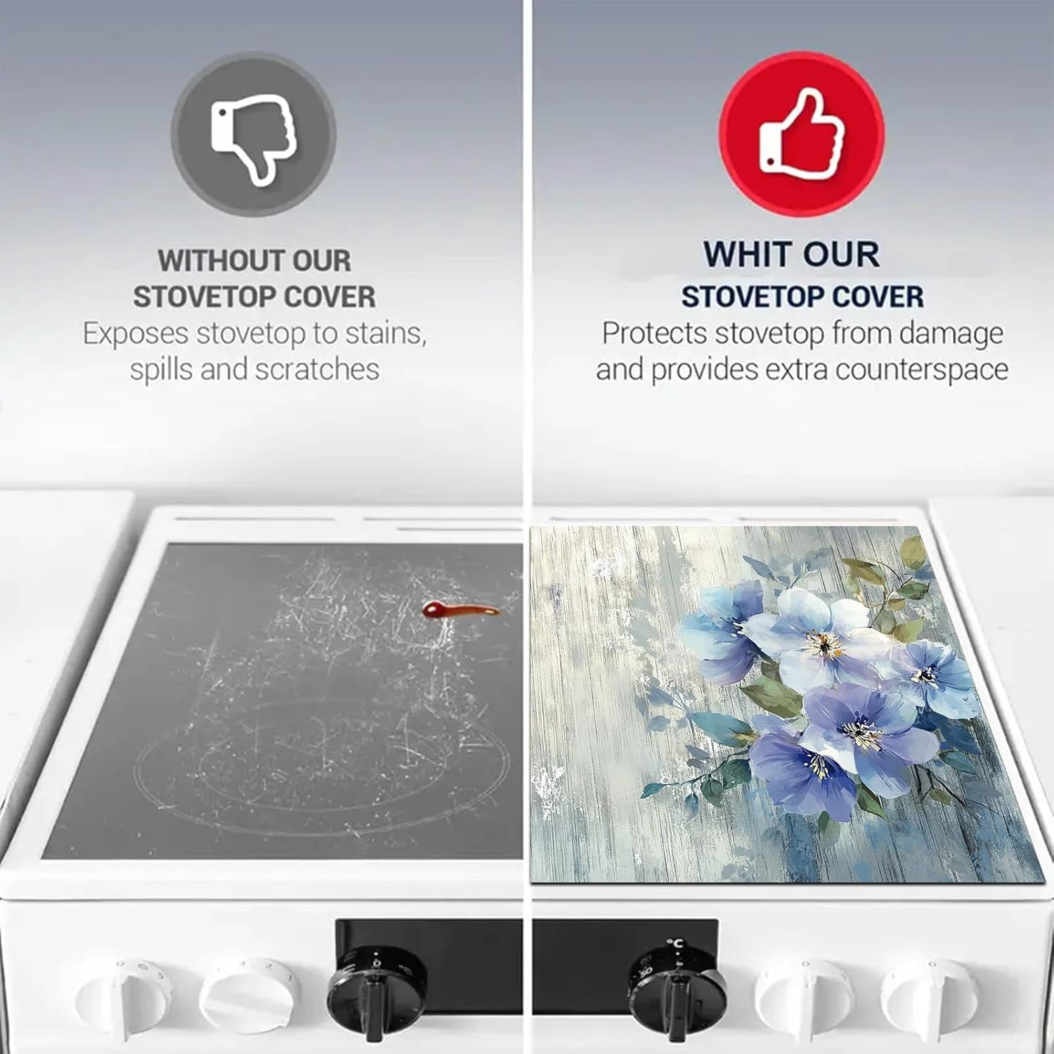 Blue Blossom Stove Top Cover for Electric 28x20 Inch Diatomite Kitchen Decor Glass Cooktop Protector Heat Resistant Countertop Mat Elegant Floral Design Stove Cover