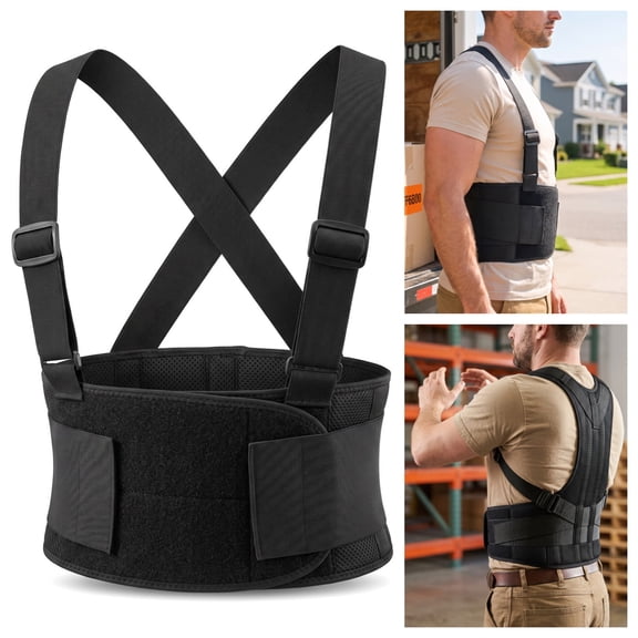 Back Support Belt with Shoulder Straps - Breathable Lumbar Brace for Lifting and Warehouse Work, Men and Women L