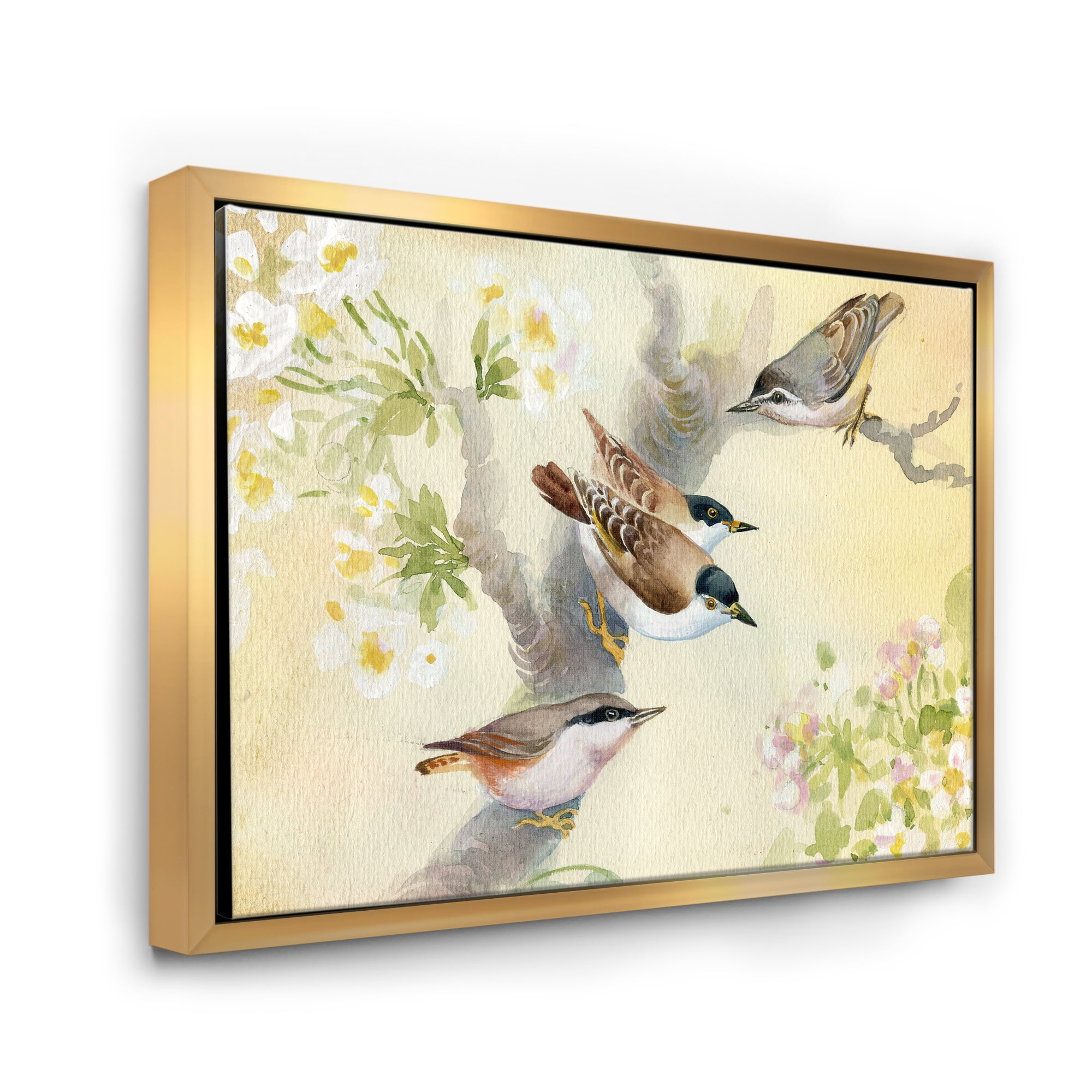 Designart 'Birds Sitting On A Blossoming Apple Tree' Traditional Framed Canvas Wall Art Print