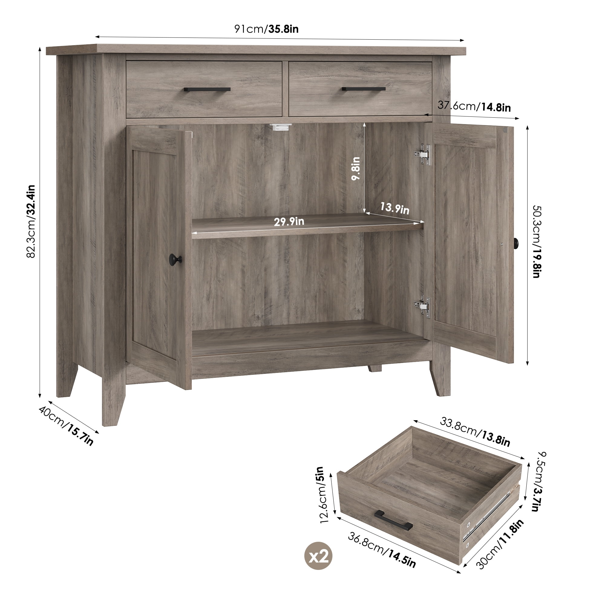 Homfa Kitchen Storage Cabinet, Sideboard Buffet Coffee Bar with 2 Drawers and 2 Doors for Dining Room Living Room, Gray