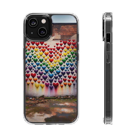 DistinctInk Hybrid (Acrylic / TPU) Clear Slim Fit Case for Apple iPhone 13 (6.1" Screen) - "Colorful Hearts: Love Amidst Concrete Chaos"
