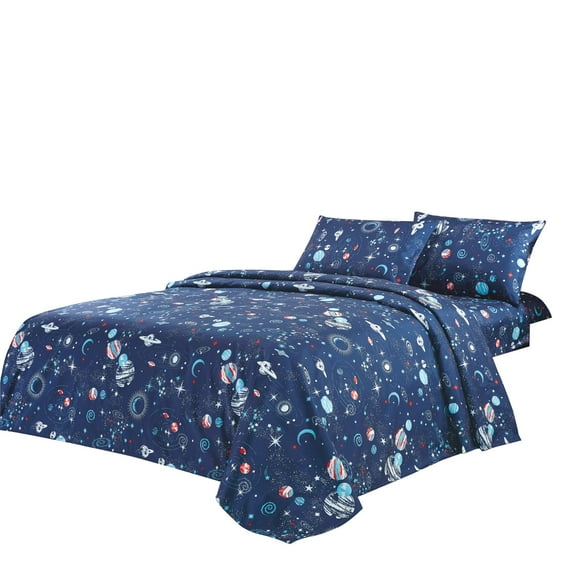 WPM Enfants collection Literie 4 Pièce Bleu Vaisseau Spatial Fusée Impression Pleine Grandeur Drap Ensemble avec des Draps Plats Équipés Oreiller Simulacre Étoiles Planètes Conception (Pandora, Ensemble Complet de Feuilles)