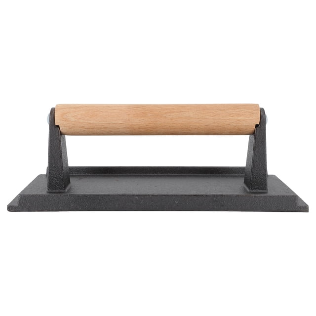 Steak Weight Cast Iron Bacon Press Wood Handle Pattern Bottom Grill Press for Burger Griddle Sandwich BBQ Vegetables Rectangle