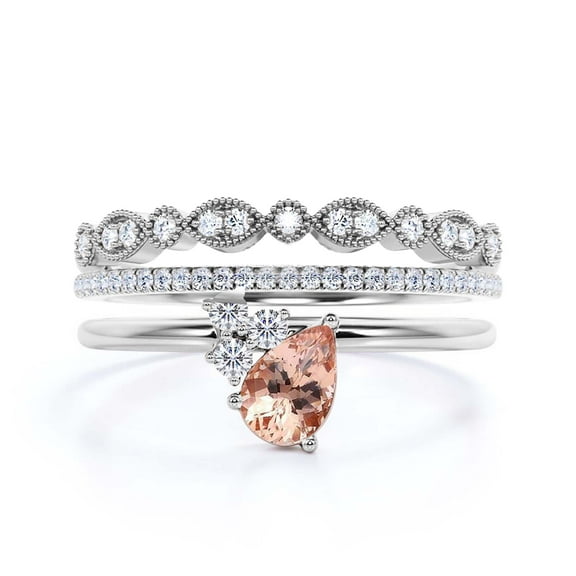Gorgeous Minimalist 2.15 Carat Pear Cut Classic Morganite And Diamond Moissanite Engagement Ring, Wedding Ring, Two Matching Band in 10k Solid White Gold, Gift For Her, Promise Ring, Anniversary Gift