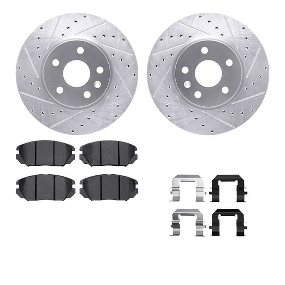 Dynamic Friction Company Front Brake Rotors-Drilled and Slotted-Silver with 5000 Euro Ceramic Brake Pads includes Hardware 7612-45004
