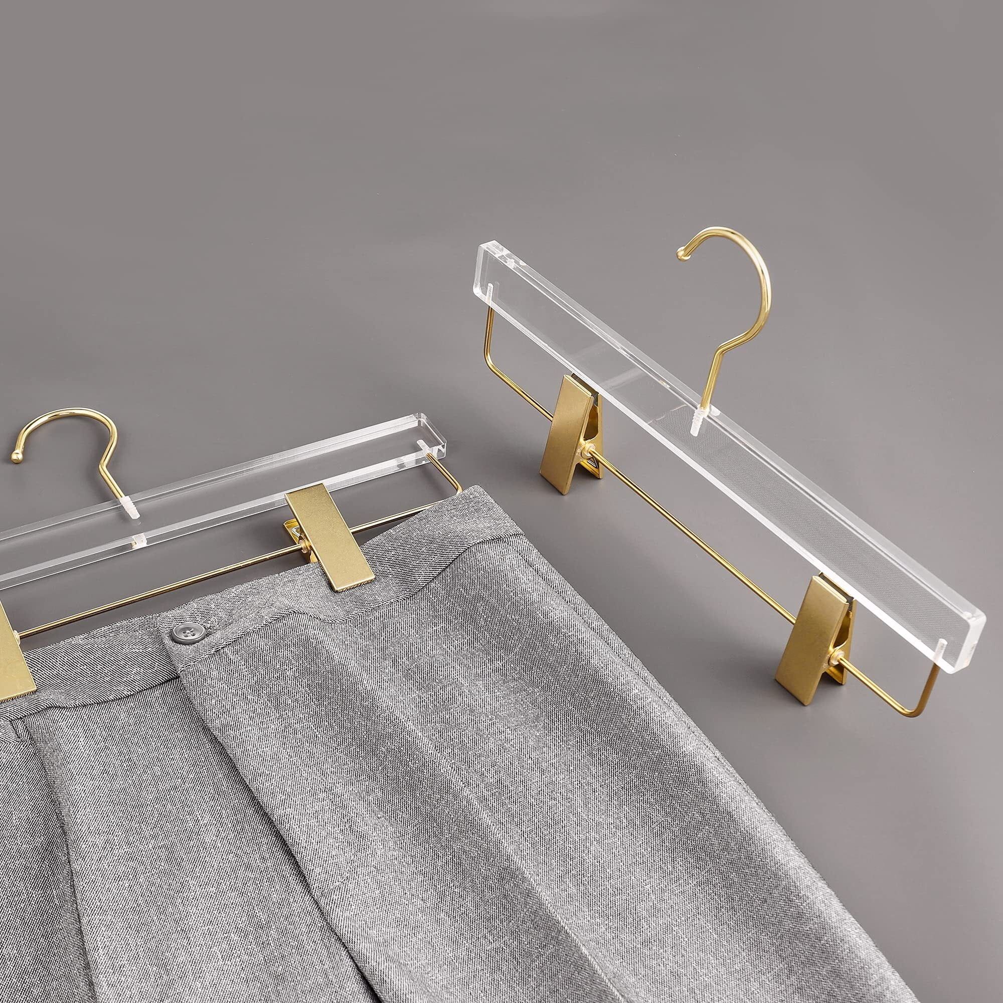 Gamvdout 10 Pcs Gold Acrylic Hangers Clear Hangers with Gold Hooks Luxurious Skirt Pants Hangers Gold Clips for Clothing Closet Storage