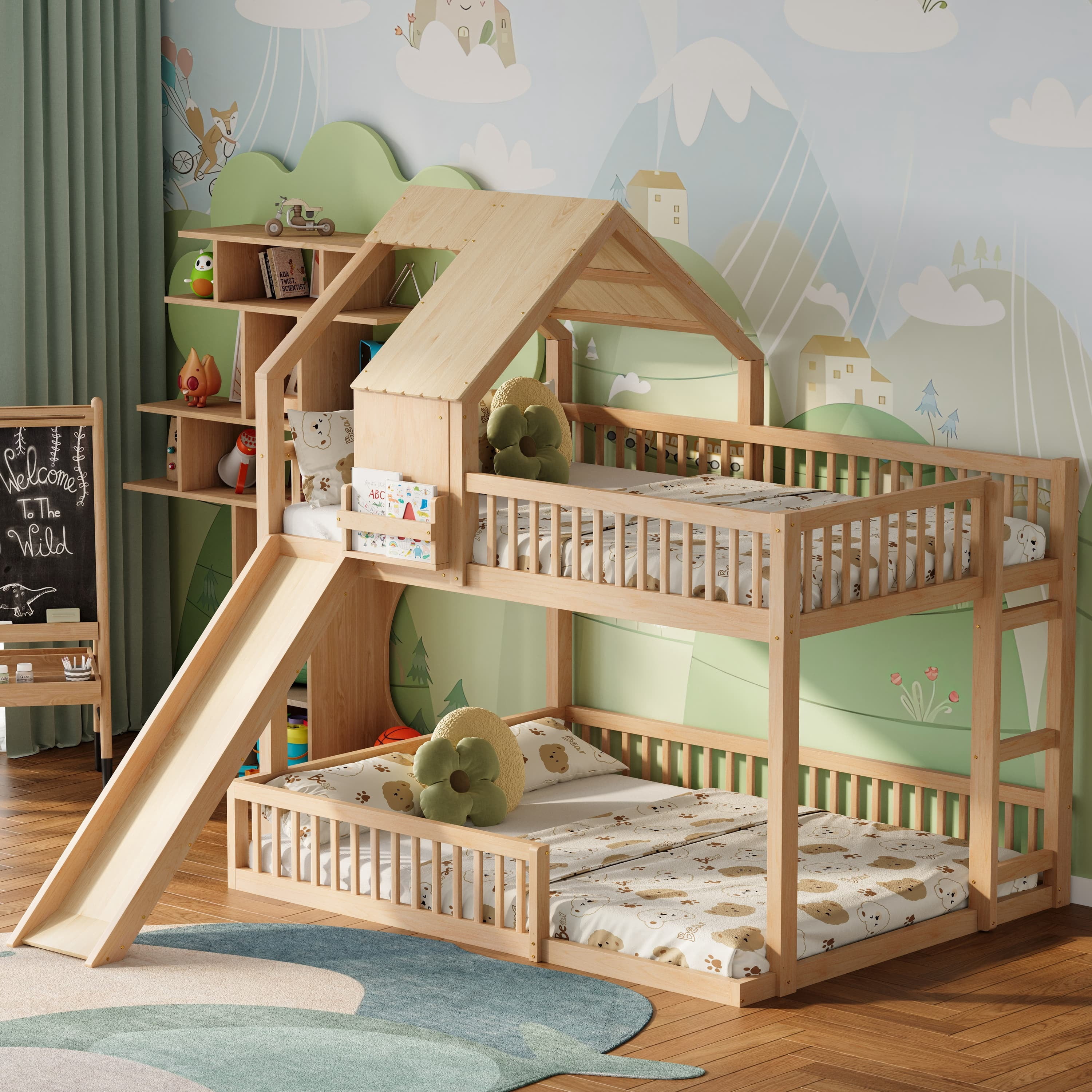 Euroco Wood Full XL over Queen Size Bunk Bed with Slide, Natural