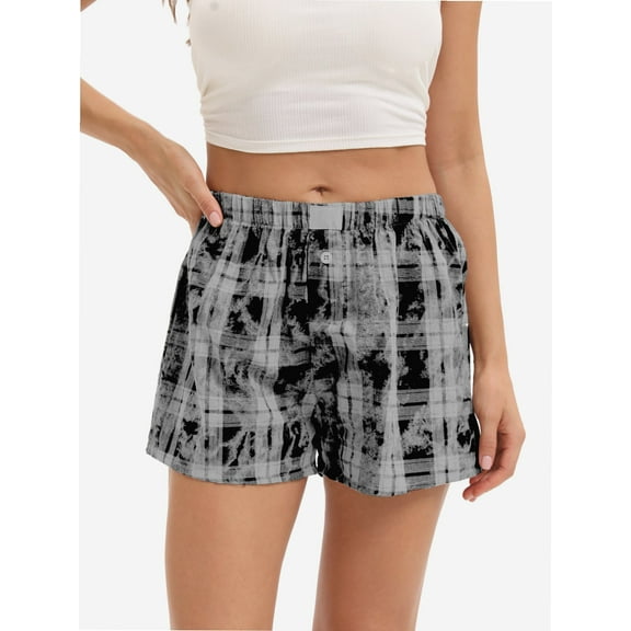 Womens Low Waisted Plaid Print Pajama Lounge Pants Elastic Cute Button Shorts