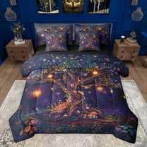 Castle Fairy Kawaii Magical Mushroom Twin Bedding Sets 7-Piece for Child Teenagers,Chic Floral Tree Bedding Comforter Set Microfiber,Cartoon Fairy Tale Plants Breathable Sheet Sets