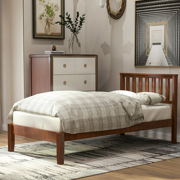 Topcobe Solid Wood Platform Beds with Headboard and Wood Slat Support, Classic Bed Frame, Twin, Walnut