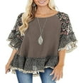 thumbnail image 1 of Women 3/4 Sleeve Solid Floral Hem Leopard Print Blouse Loose Top, 1 of 6