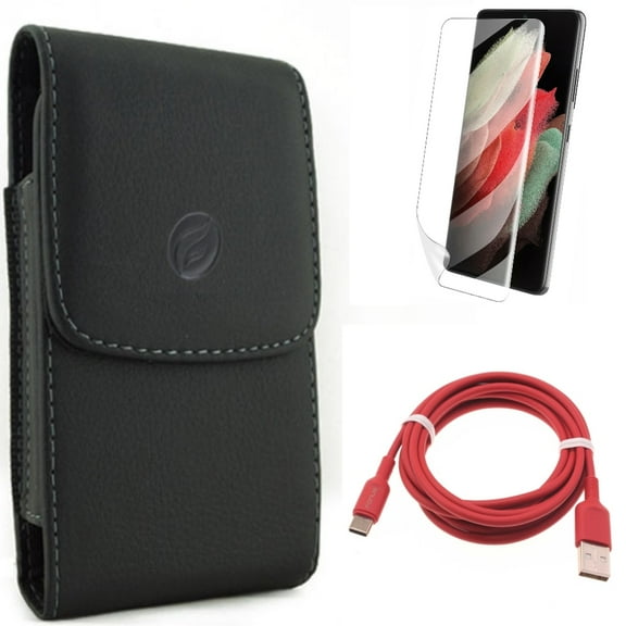 6ft USB-C Cable w Case Belt Clip w Matte Screen Protector for Samsung Galaxy S21 Plus - Red Charger Cord, Leather Holster, TPU Film Anti-Glare Accessory Bundle