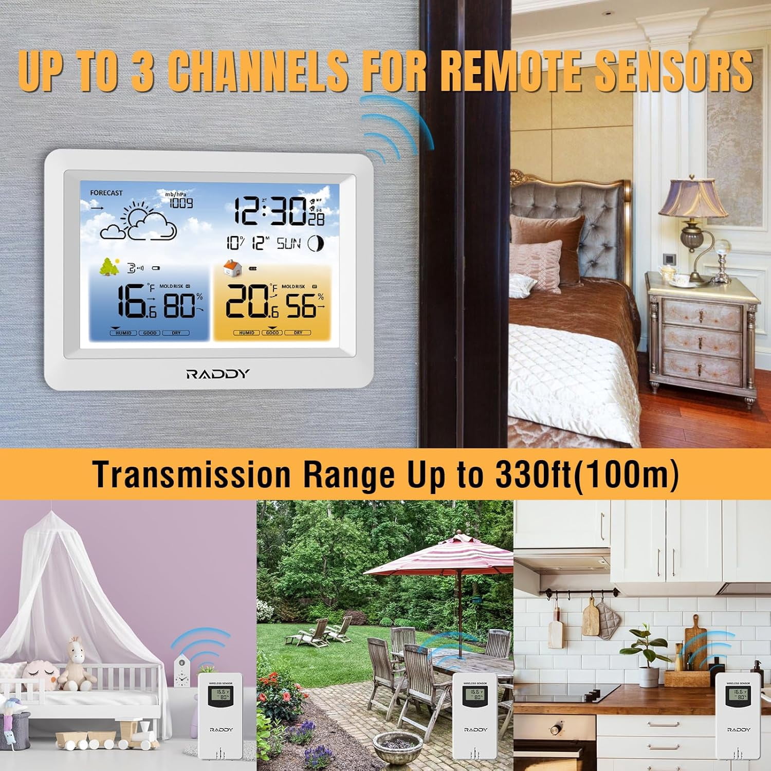 Raddy WM6 Weather Station with Wireless Remote Sensor, 2000mAh Built-in Battery, Thermometer Hygrometer Barometer, Atomic Clock, Weather Forecast