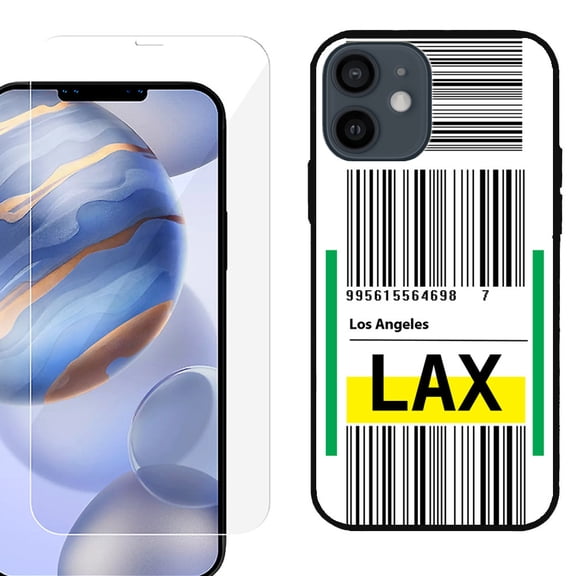 Slim-Fit Protective Phone Case (Black) compatible with iPhone 12 / iPhone 12 Pro, with Tempered Glass Screen Protector, by OneToughShield ® - Airport Tag / Los Angeles