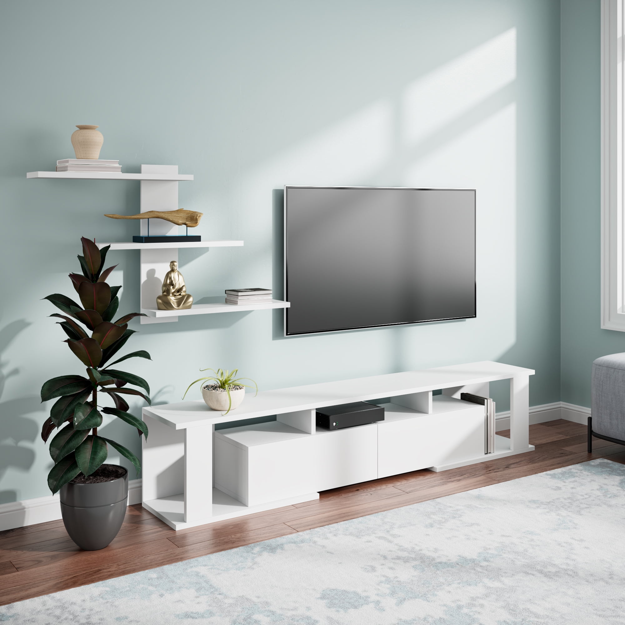Ada Home Decor Rockeby 4 Tier TV Stand with Doors for TVs up to 70", White