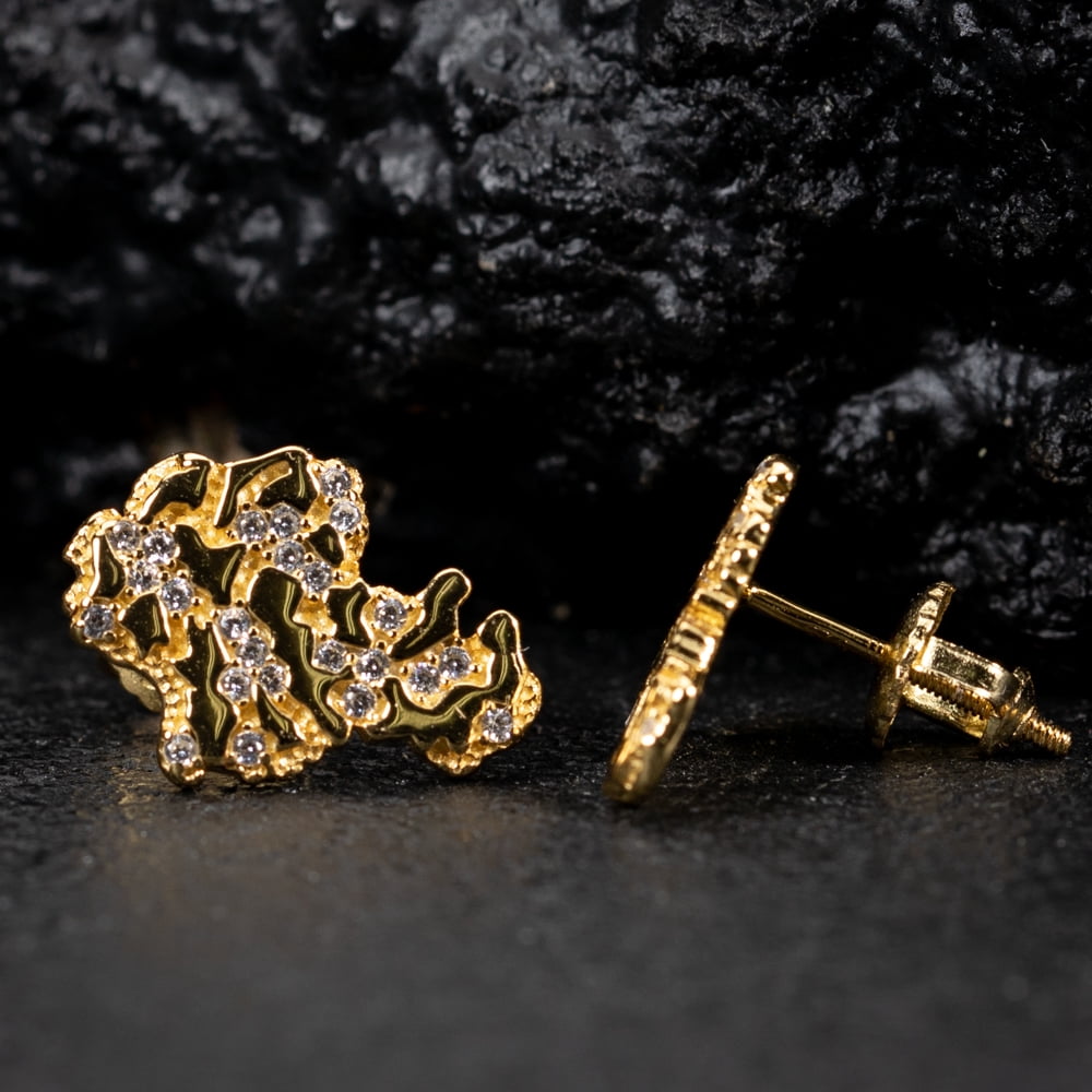 Solid 14K Yellow Gold Plated 925 Sterling Silver Screw Back Post Men’s Diamond Cut Stud Cz Retro 90's Hip Hop Iced Solid Nugget Earrings